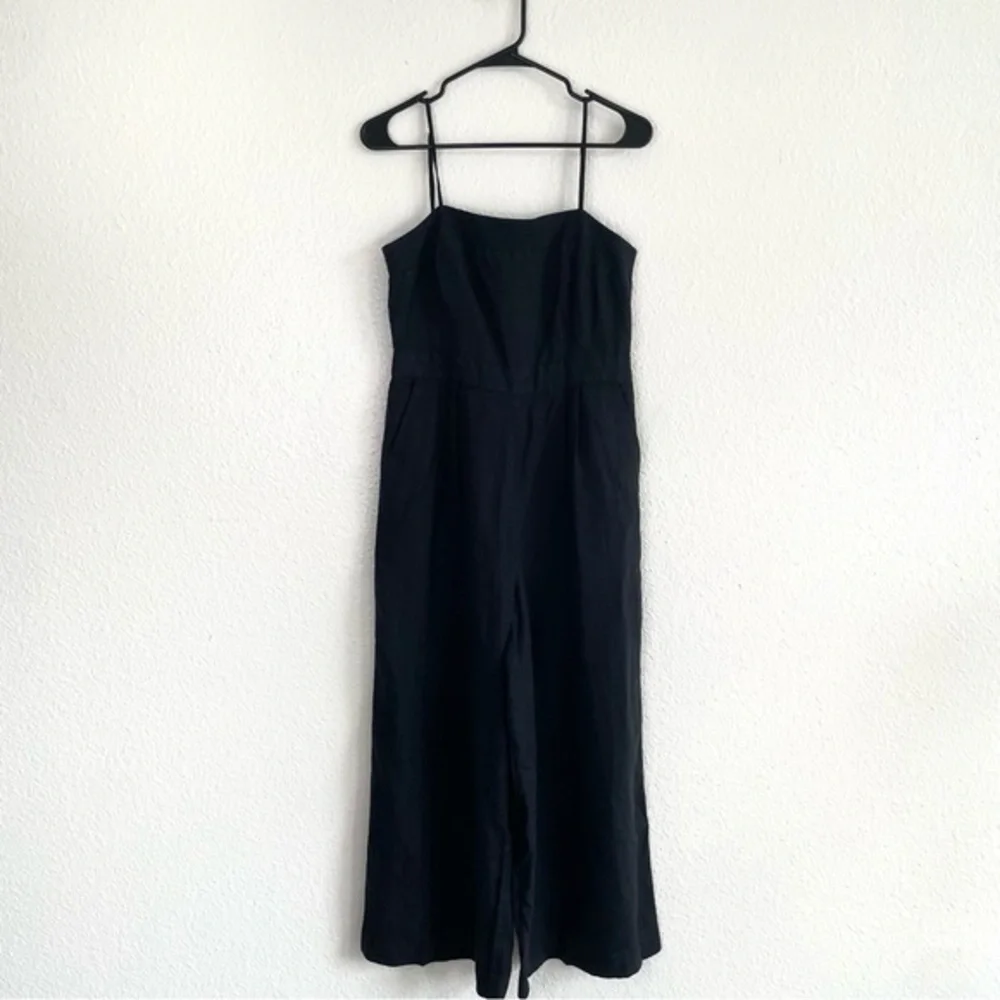 J Crew 100% Linen Sleeveless Jumpsuit Women 4 Black Wide Straight Leg Breathable